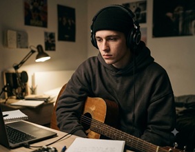 Moody, neon-lit aesthetics with a rapper looking down