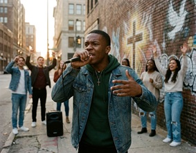 A hip hop artist performing with passion