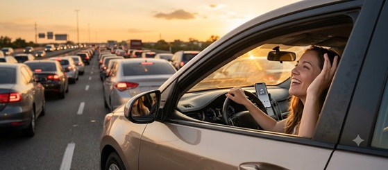 A driver singing along happily in their car