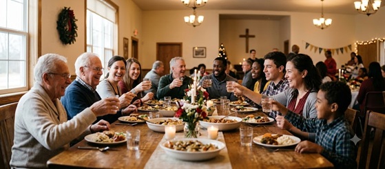 A group of friends and family sharing a meal together