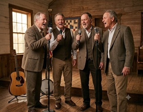 A Southern gospel quartet performing with acoustic instruments