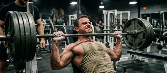 A muscular person lifting heavy weights while wearing headphones