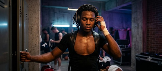 A basketball player looking focused and listening to music before a game
