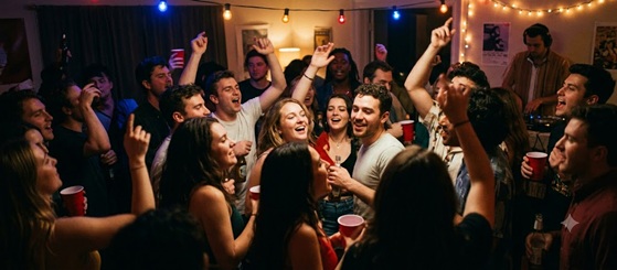 A lively crowd dancing and having fun at a house party