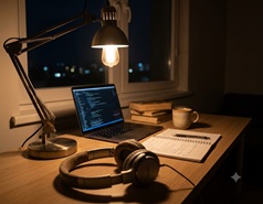 A cozy desk setup with a laptop and warm lamp light