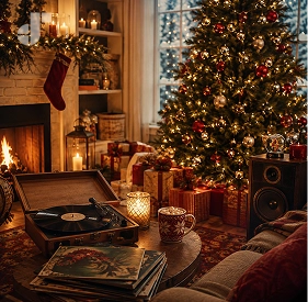 Cozy winter fireplace setting with a Christmas music playlist
