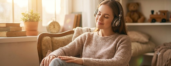 Person smiling nostalgically while listening to holiday music on headphones