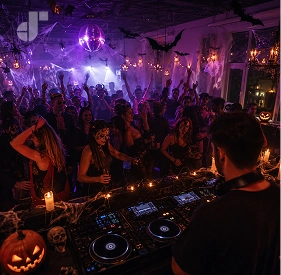Spooky neon Halloween decorations with a party music interface