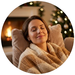 Relaxed individual drinking hot cocoa with festive music playing