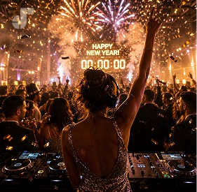 Sparkling New Year fireworks and champagne with upbeat music playlist