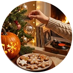 Decorating a festive tree while listening to music