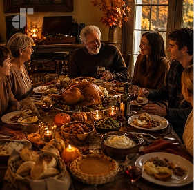 Warm autumn Thanksgiving table setting with acoustic music playlist