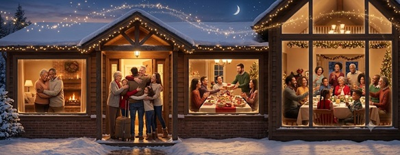 Family hugging and sharing gifts around a holiday tree