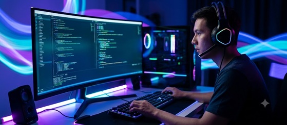 A programmer wearing headphones working in a dark room