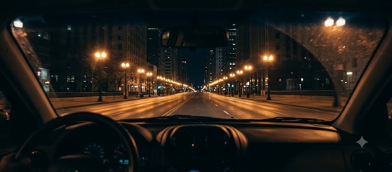 A view from a car driving through a neon city at night