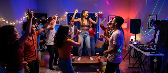 A group of friends dancing at a neon-lit house party