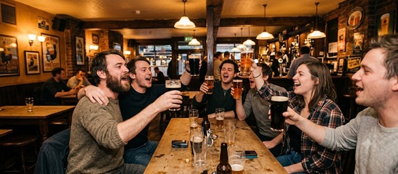 Friends laughing and holding pints of stout in a cozy wooden pub