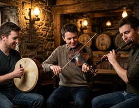 A close-up of a traditional Irish bodhran drum and a fiddle