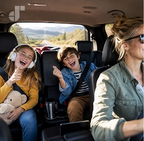 A happy family singing together in the car during a long drive