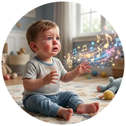 A crying child looking up surprised and distracted by music