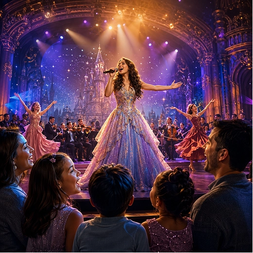 Magical glowing musical notes wrapping around a Disney castle