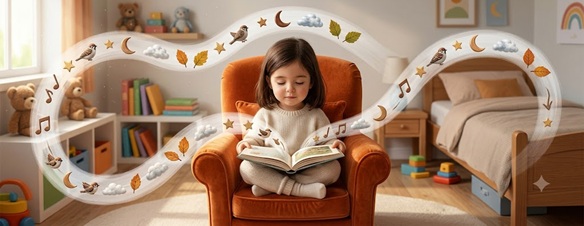A child happily pressing the repeat button on a music player