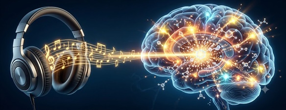 A brain graphic lighting up with happy music notes
