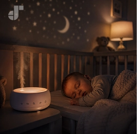 A peacefully sleeping baby in a crib with soft night lighting