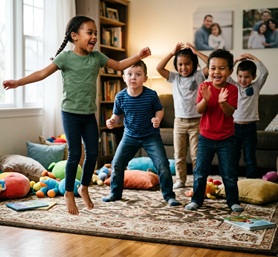 Kids freezing mid-dance during a music game
