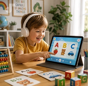 Children playing with colorful alphabet blocks while listening to music