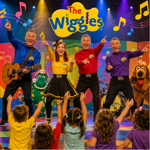The Wiggles performing an energetic dance routine
