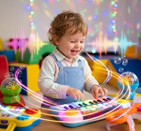 Neon colored synthesizers and musical waves for kids