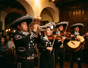 A classic Mariachi band playing instruments