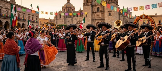 Traditional Mexican musicians performing during a cultural festival