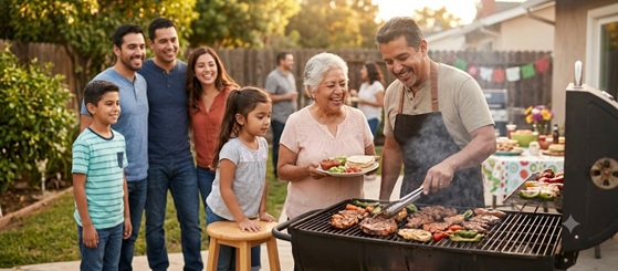 A large family enjoying a vibrant outdoor BBQ party