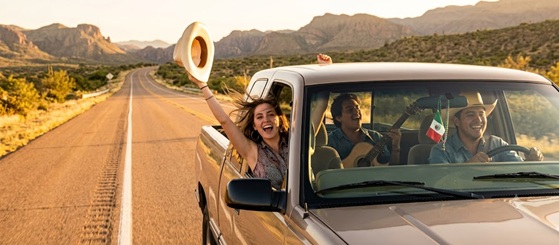 Friends smiling and singing in a car during a sunny road trip