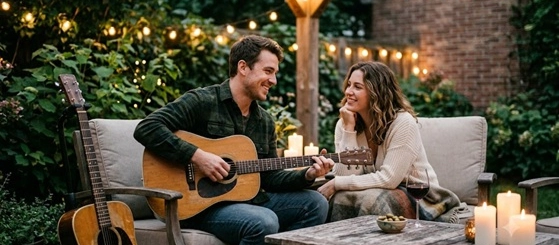 A couple dancing under string lights to romantic acoustic music