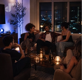 A few remaining party guests sitting on a couch talking under dim lighting