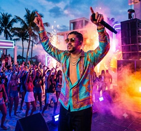 Bad Bunny performing with a vibrant, colorful stage setup