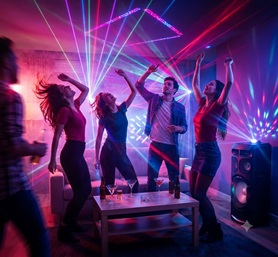 DJ decks with glowing buttons in a dark party setting