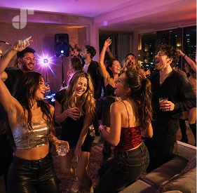 A packed house party dancefloor with bright strobe lighting