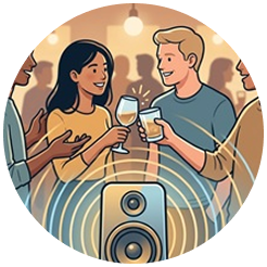 People chatting comfortably with a stereo playing in the background