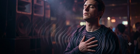 Visual soundwaves rippling out from a massive speaker cabinet