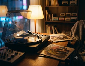 A moody, purple-lit room with retro tech