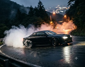 Tires smoking from a drifting car