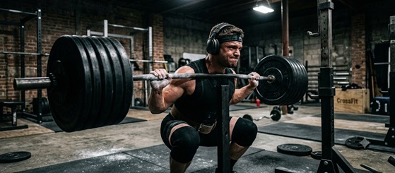 A muscular athlete lifting heavy weights in a dark gym