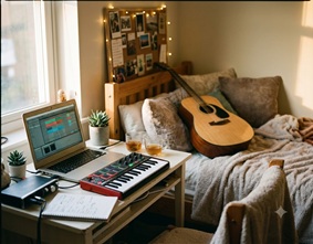 A cozy, warm-lit bedroom setup