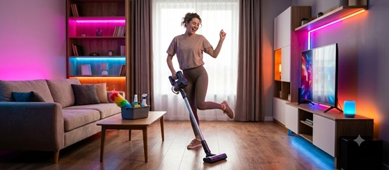 Someone happily dancing while cleaning the house