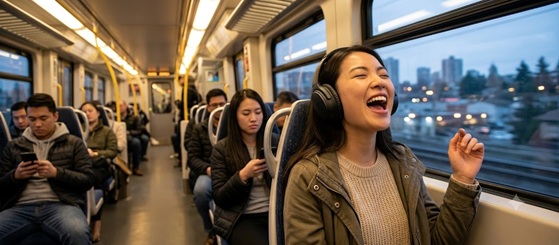 A person wearing headphones smiling on a train