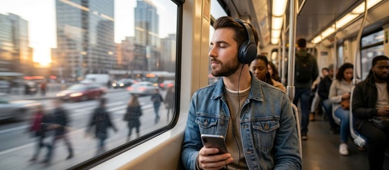 A person wearing a hoodie and headphones on a subway train